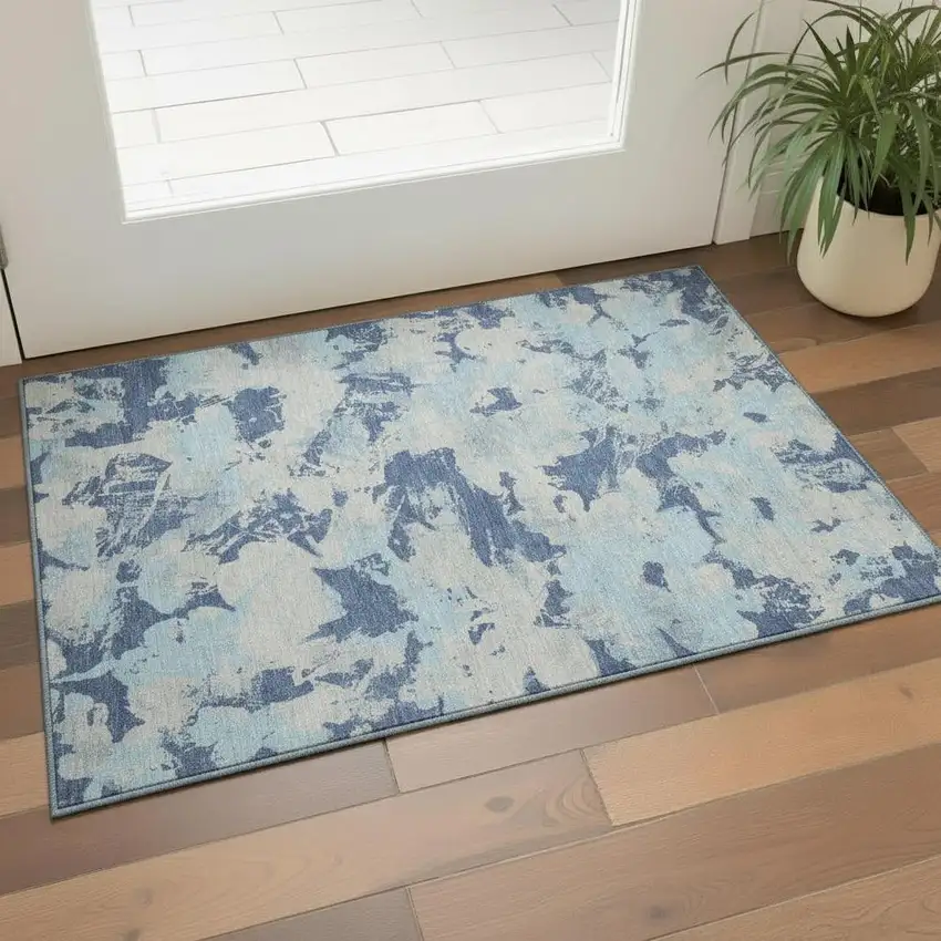 Navy Blue Silver And Sky Blue Floral Washable Area Rug With UV Protection Photo 1