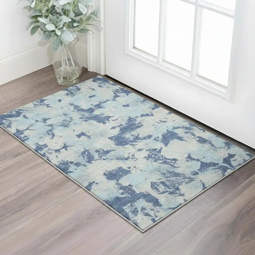 Navy Blue Silver And Sky Blue Floral Washable Area Rug With UV Protection Photo 2