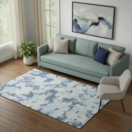 Navy Blue Silver And Sky Blue Floral Washable Area Rug With UV Protection Photo 1