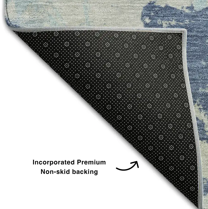Navy Blue Silver And Sky Blue Floral Washable Area Rug With UV Protection Photo 7
