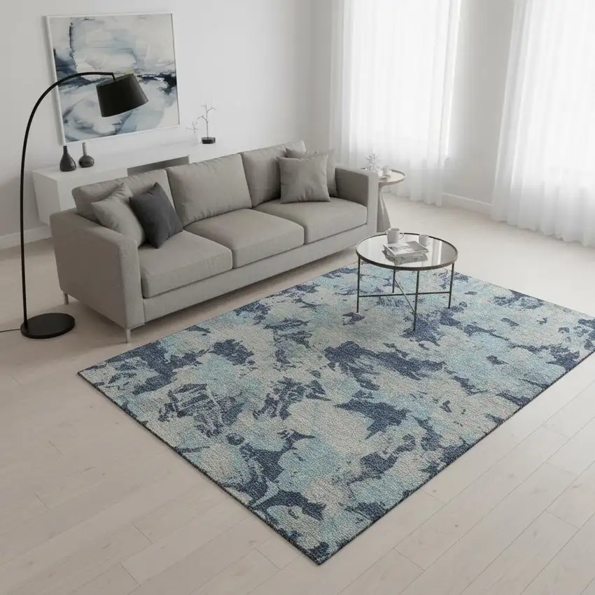 Navy Blue Silver And Sky Blue Floral Washable Area Rug With UV Protection Photo 2