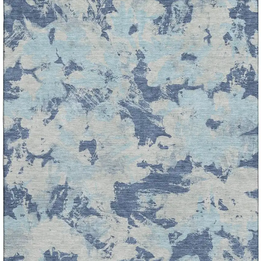 Navy Blue Silver And Sky Blue Floral Washable Area Rug With UV Protection Photo 4