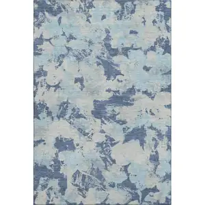 Photo of Navy Blue Silver And Sky Blue Floral Washable Area Rug With UV Protection