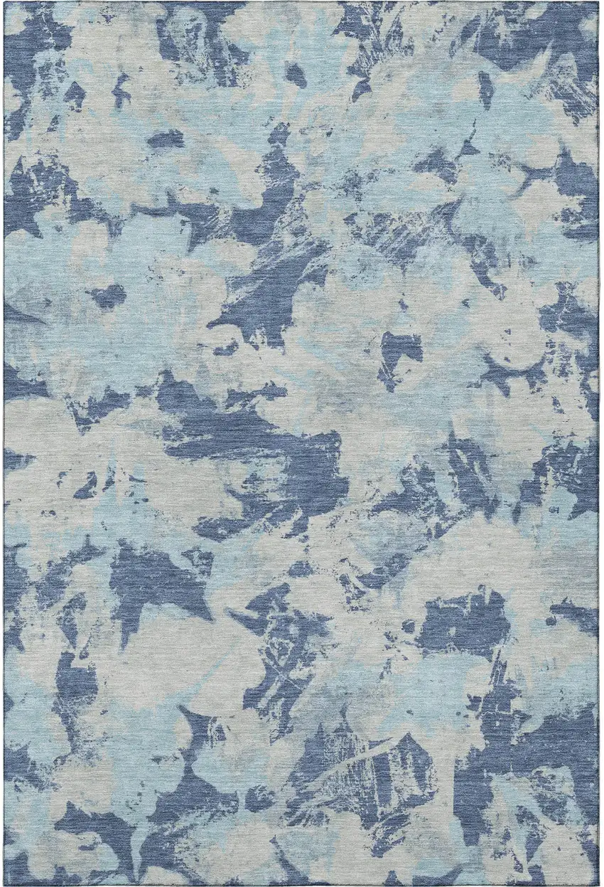 Navy Blue Silver And Sky Blue Floral Washable Area Rug With UV Protection Photo 4