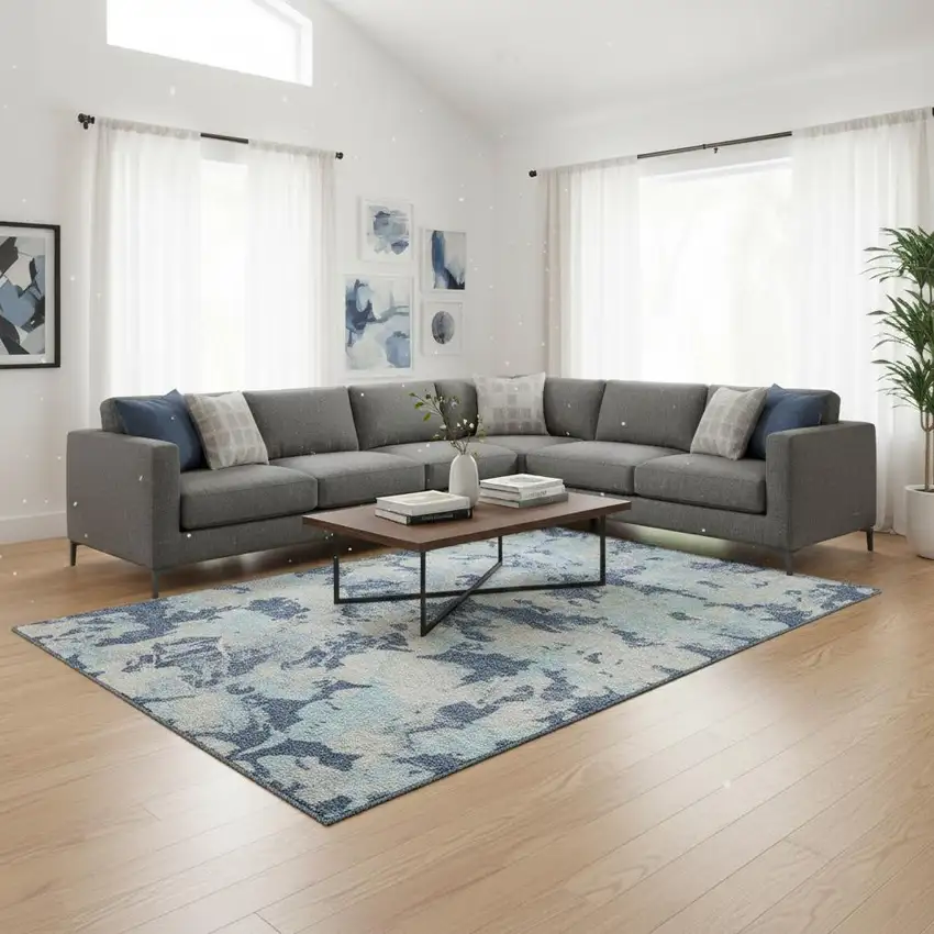 Navy Blue Silver And Sky Blue Floral Washable Area Rug With UV Protection Photo 2