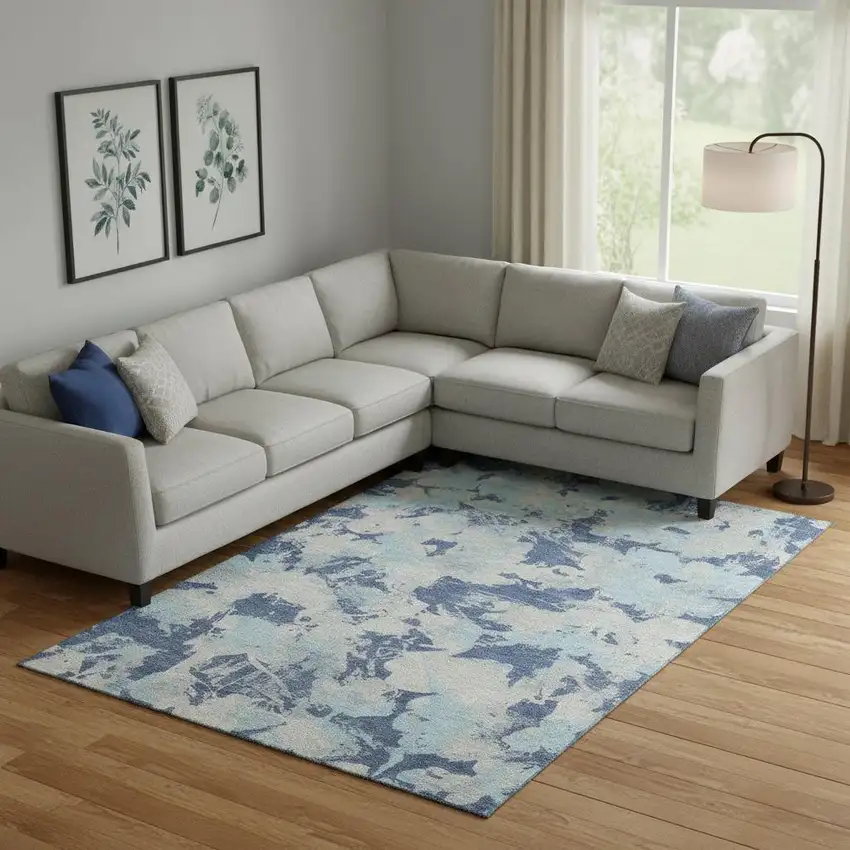 Navy Blue Silver And Sky Blue Floral Washable Area Rug With UV Protection Photo 1