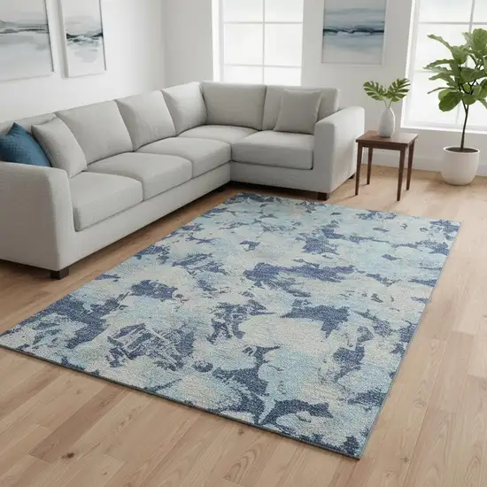 Navy Blue Silver And Sky Blue Floral Washable Area Rug With UV Protection Photo 2