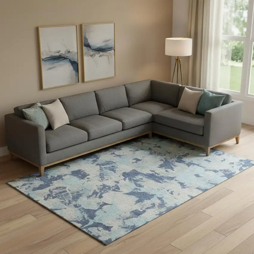 Navy Blue Silver And Sky Blue Floral Washable Area Rug With UV Protection Photo 1