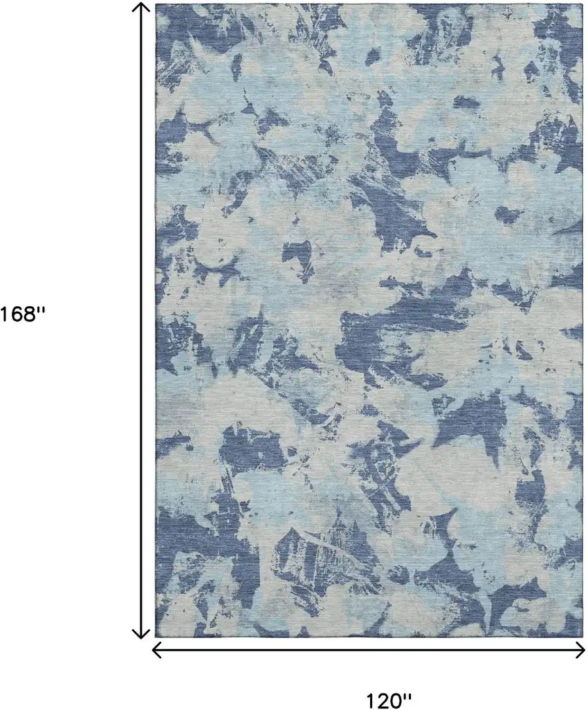 Navy Blue Silver And Sky Blue Floral Washable Area Rug With UV Protection Photo 9