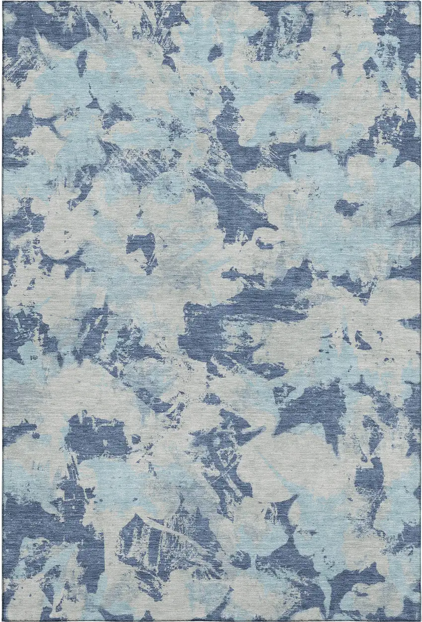 Navy Blue Silver And Sky Blue Floral Washable Area Rug With UV Protection Photo 1