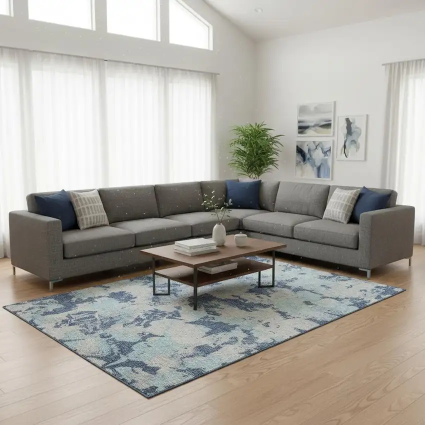 Navy Blue Silver And Sky Blue Floral Washable Area Rug With UV Protection Photo 2