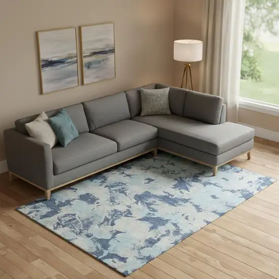 Navy Blue Silver And Sky Blue Floral Washable Area Rug With UV Protection Photo 1