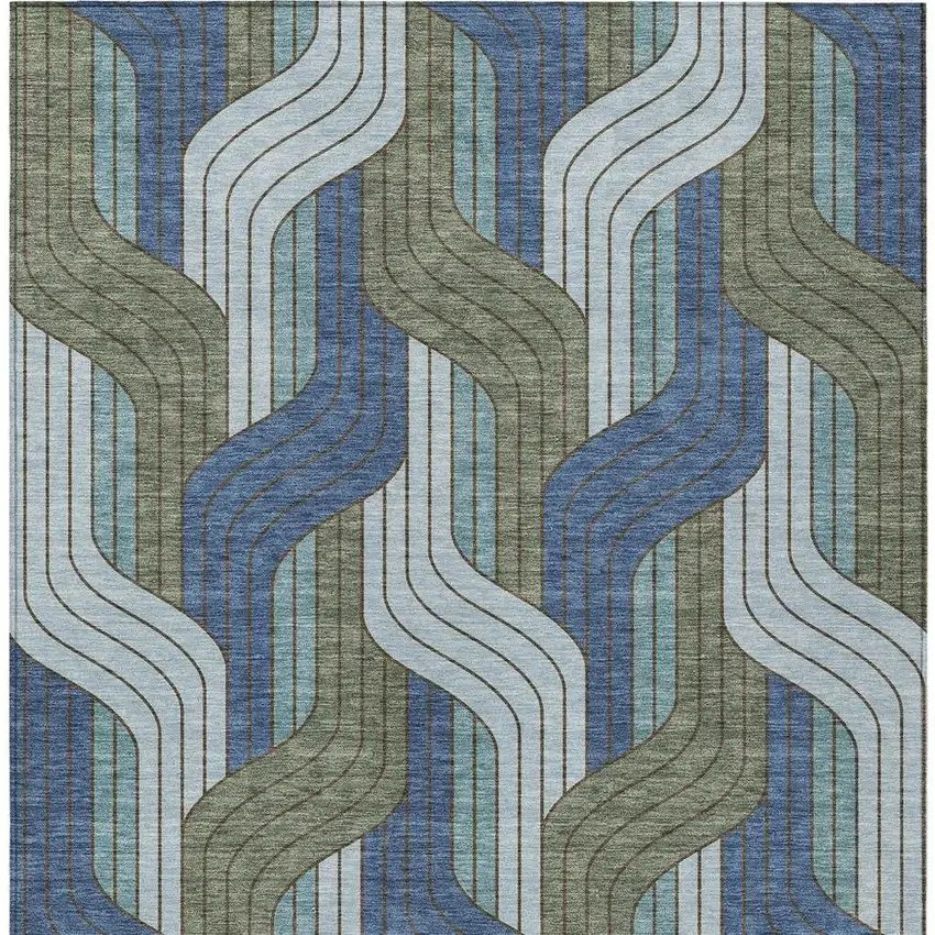 Navy Blue Sky Blue And Artichoke Green Striped Washable Indoor Outdoor Area Rug Photo 2