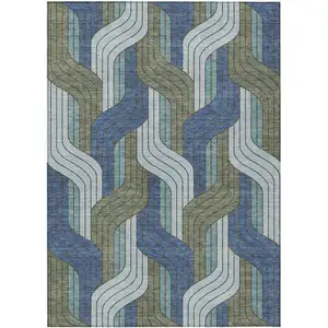 Photo of Navy Blue Sky Blue And Artichoke Green Striped Washable Indoor Outdoor Area Rug