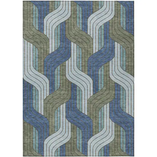 Navy Blue Sky Blue And Artichoke Green Striped Washable Indoor Outdoor Area Rug Photo 1