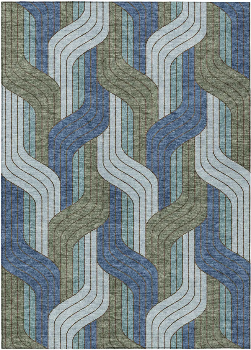 Navy Blue Sky Blue And Artichoke Green Striped Washable Indoor Outdoor Area Rug Photo 1