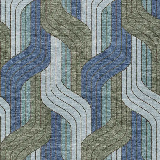 Navy Blue Sky Blue And Artichoke Green Striped Washable Indoor Outdoor Area Rug Photo 2