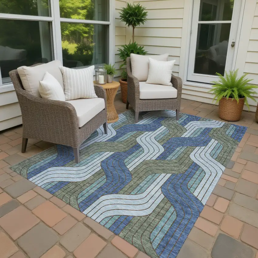 Navy Blue Sky Blue And Artichoke Green Striped Washable Indoor Outdoor Area Rug Photo 4