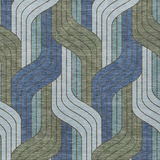 Navy Blue Sky Blue And Artichoke Green Striped Washable Indoor Outdoor Area Rug Photo 2