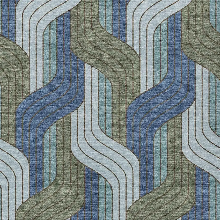 Navy Blue Sky Blue And Artichoke Green Striped Washable Indoor Outdoor Area Rug Photo 2