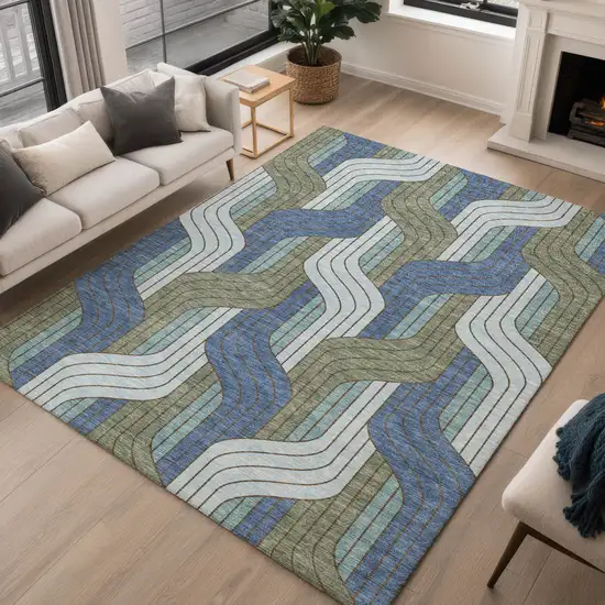 Navy Blue Sky Blue And Artichoke Green Striped Washable Indoor Outdoor Area Rug Photo 5