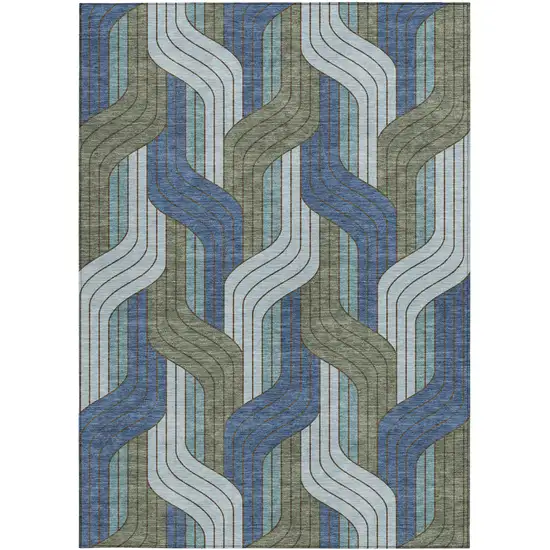 Navy Blue Sky Blue And Artichoke Green Striped Washable Indoor Outdoor Area Rug Photo 3