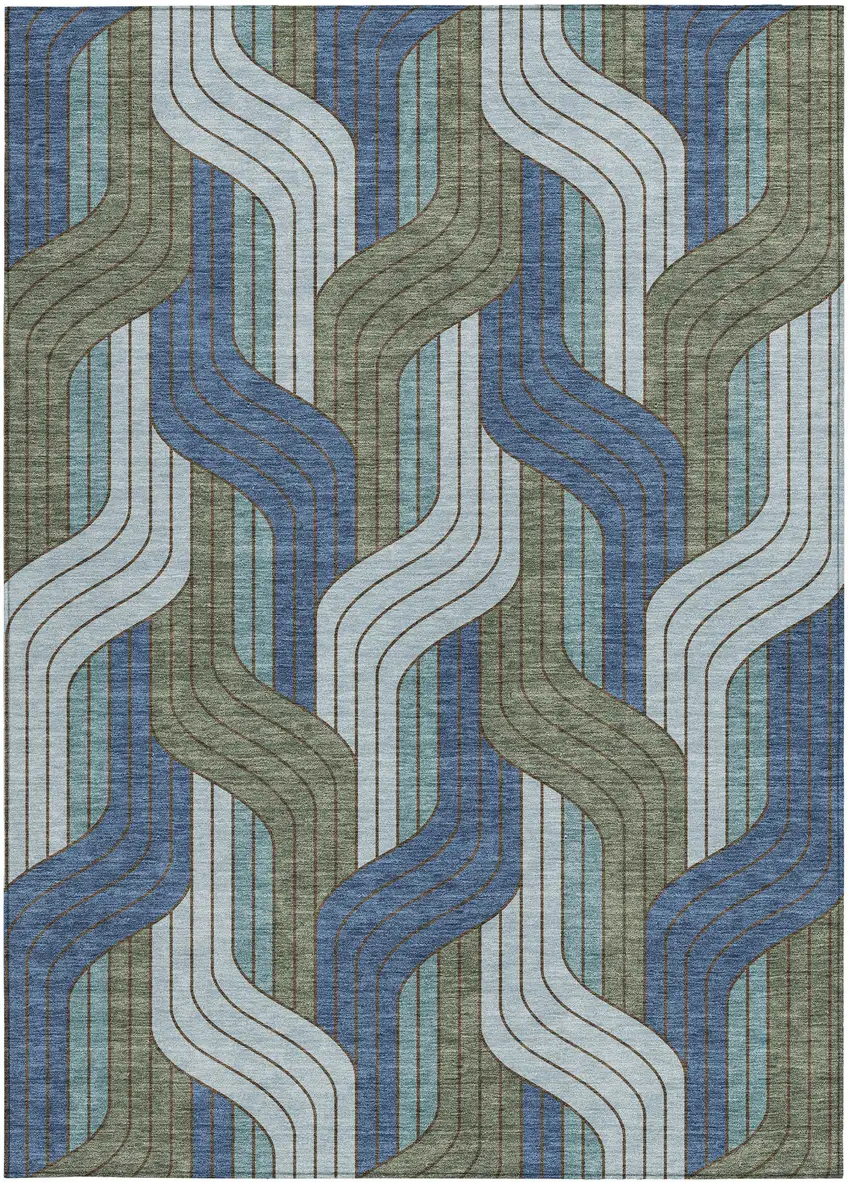 Navy Blue Sky Blue And Artichoke Green Striped Washable Indoor Outdoor Area Rug Photo 3