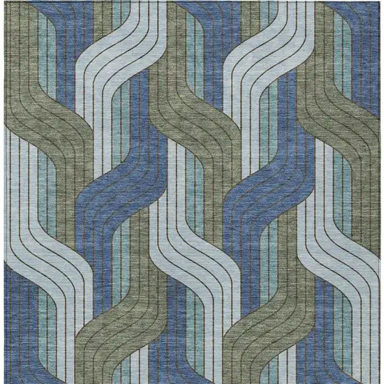 Navy Blue Sky Blue And Artichoke Green Striped Washable Indoor Outdoor Area Rug Photo 2