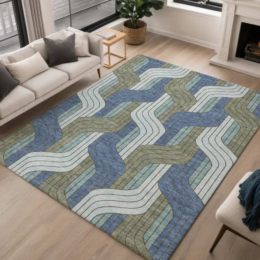 Navy Blue Sky Blue And Artichoke Green Striped Washable Indoor Outdoor Area Rug Photo 5