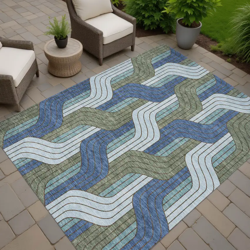 Navy Blue Sky Blue And Artichoke Green Striped Washable Indoor Outdoor Area Rug Photo 7
