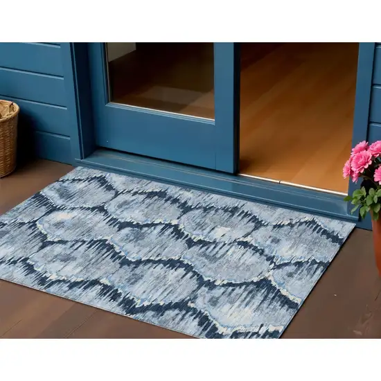 Navy Blue Sky Blue And Ivory Abstract Washable Indoor Outdoor Area Rug Photo 1