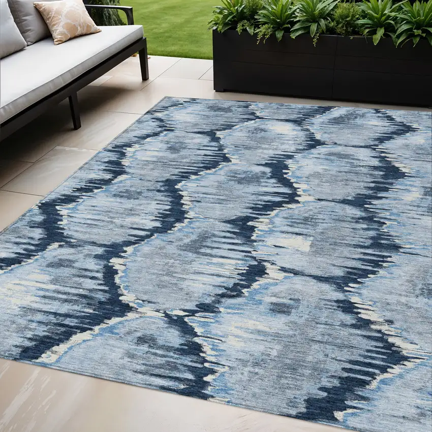 Navy Blue Sky Blue And Ivory Abstract Washable Indoor Outdoor Area Rug Photo 1