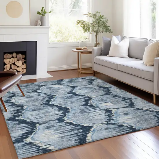 Navy Blue Sky Blue And Ivory Abstract Washable Indoor Outdoor Area Rug Photo 8