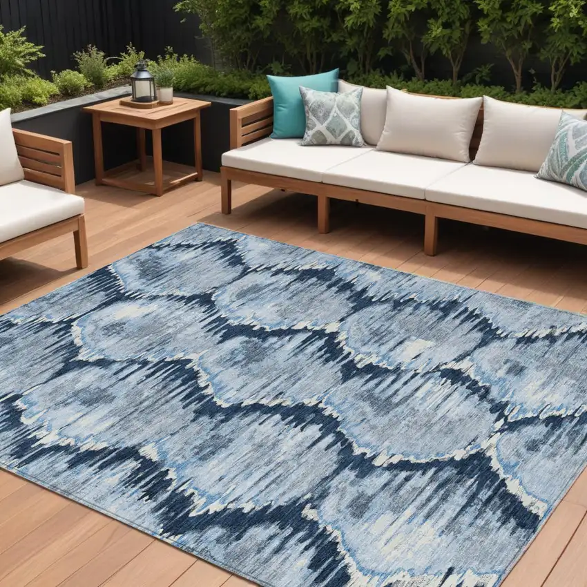 Navy Blue Sky Blue And Ivory Abstract Washable Indoor Outdoor Area Rug Photo 1