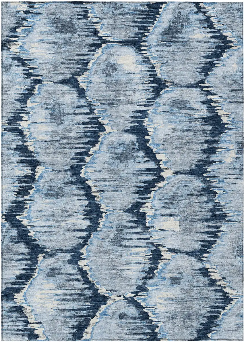 Navy Blue Sky Blue And Ivory Abstract Washable Indoor Outdoor Area Rug Photo 1