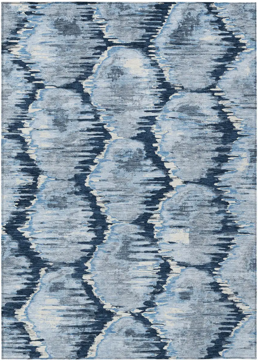 Navy Blue Sky Blue And Ivory Abstract Washable Indoor Outdoor Area Rug Photo 1