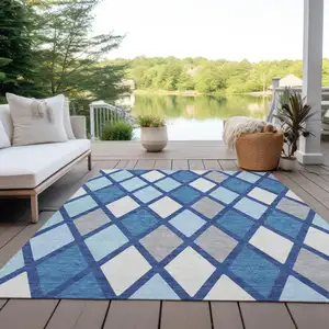Photo of Navy Blue Sky Blue And Ivory Geometric Washable Indoor Outdoor Area Rug
