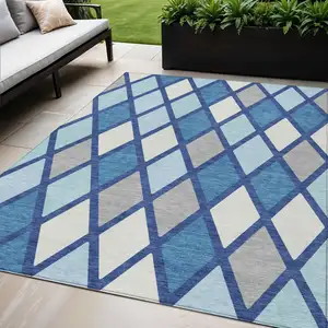Photo of Navy Blue Sky Blue And Ivory Geometric Washable Indoor Outdoor Area Rug