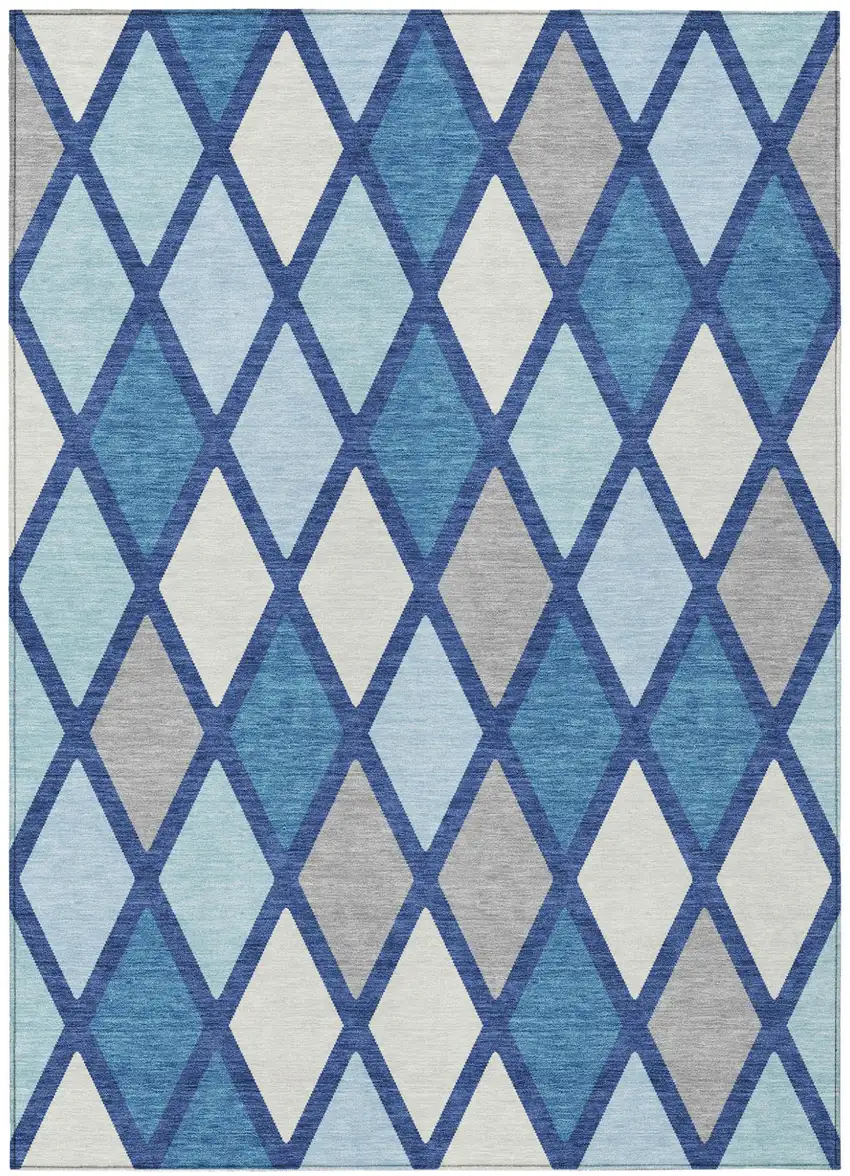 Navy Blue Sky Blue And Ivory Geometric Washable Indoor Outdoor Area Rug Photo 2