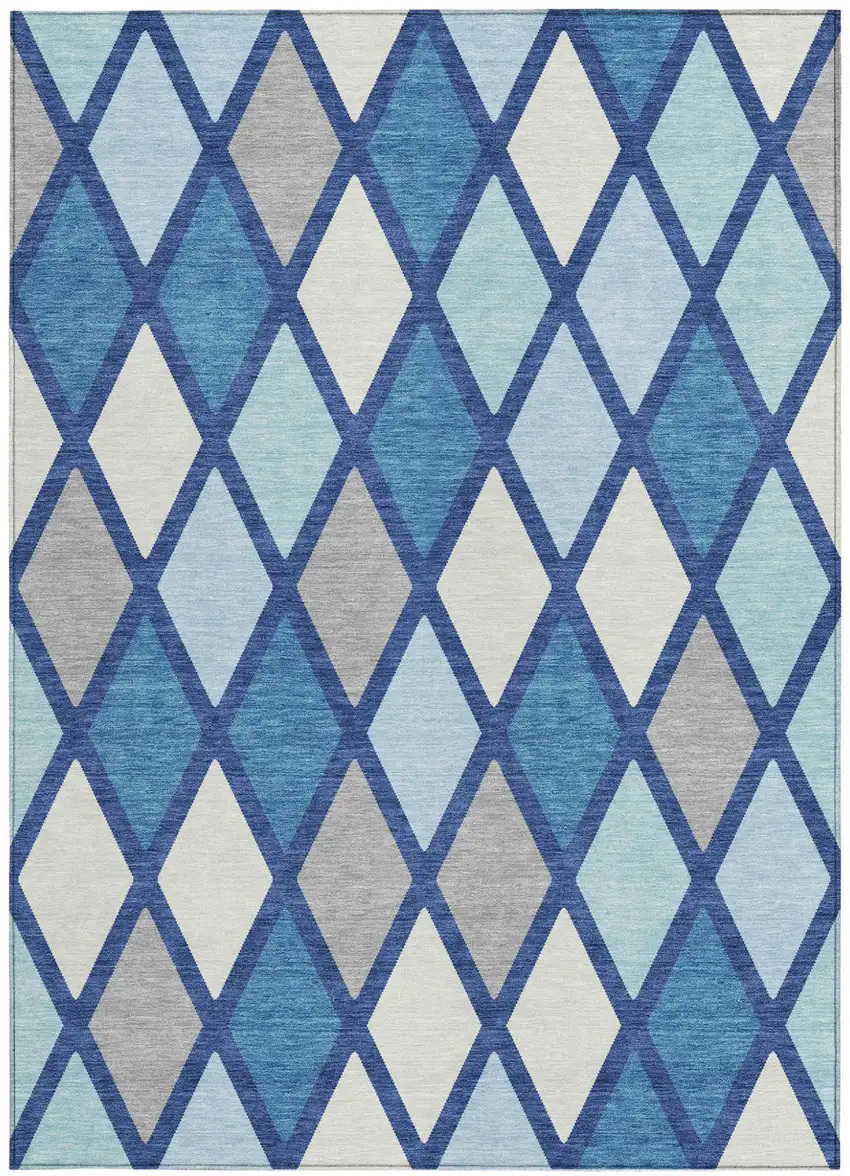 Navy Blue Sky Blue And Ivory Geometric Washable Indoor Outdoor Area Rug Photo 6