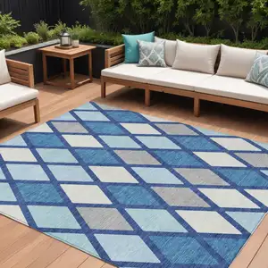 Photo of Navy Blue Sky Blue And Ivory Geometric Washable Indoor Outdoor Area Rug