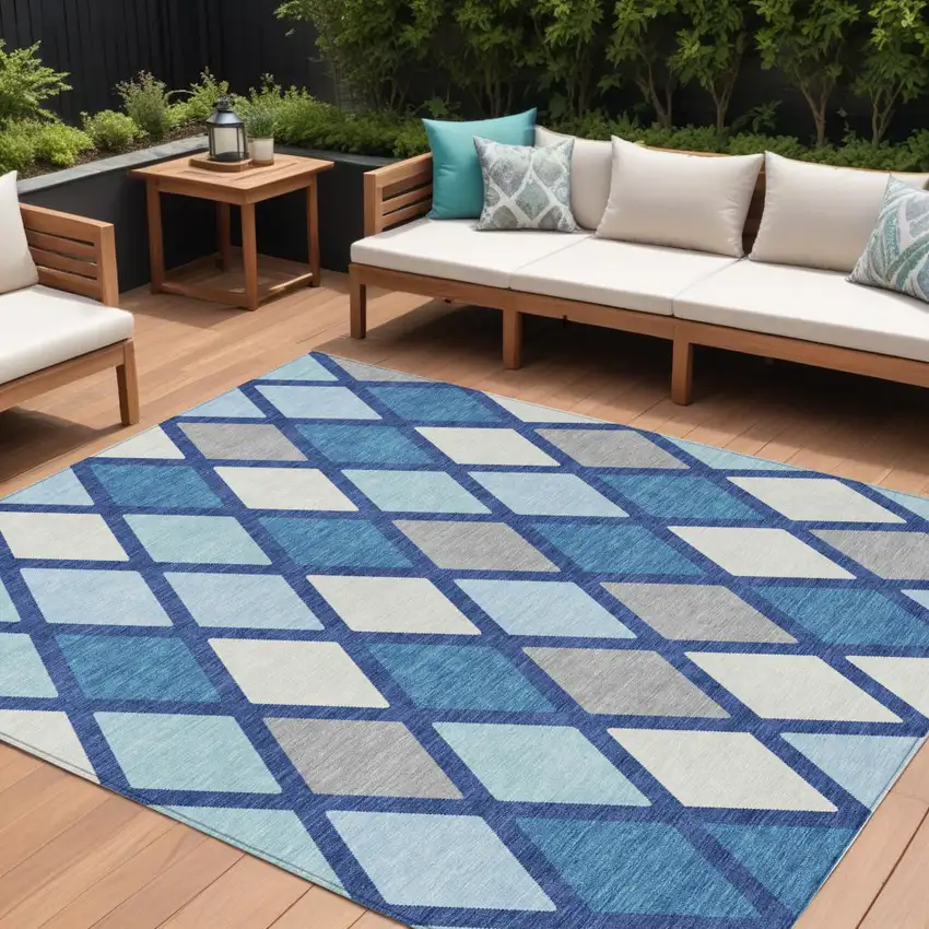 Navy Blue Sky Blue And Ivory Geometric Washable Indoor Outdoor Area Rug Photo 1