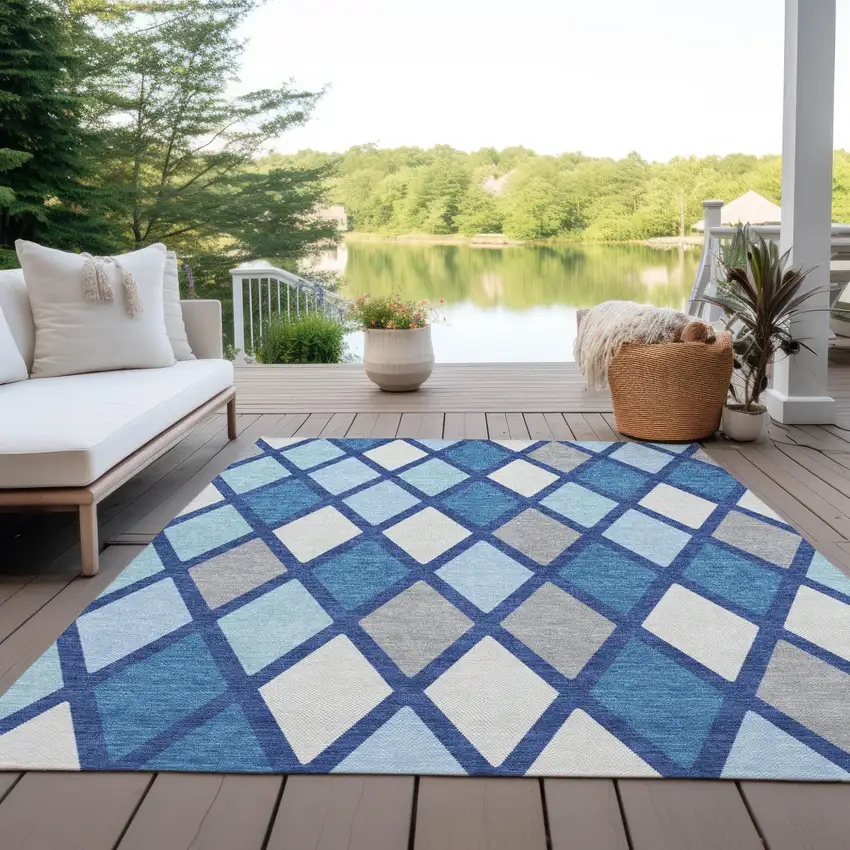 Navy Blue Sky Blue And Ivory Geometric Washable Indoor Outdoor Area Rug Photo 8