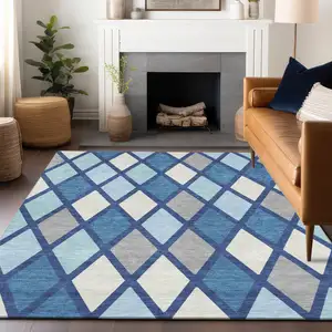 Photo of Navy Blue Sky Blue And Ivory Geometric Washable Indoor Outdoor Area Rug