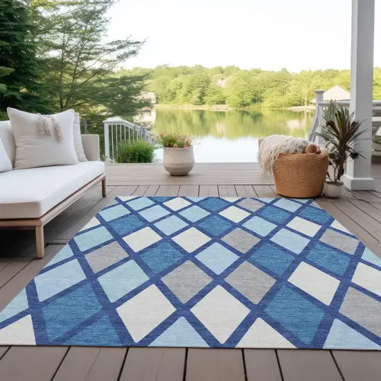 Navy Blue Sky Blue And Ivory Geometric Washable Indoor Outdoor Area Rug Photo 8