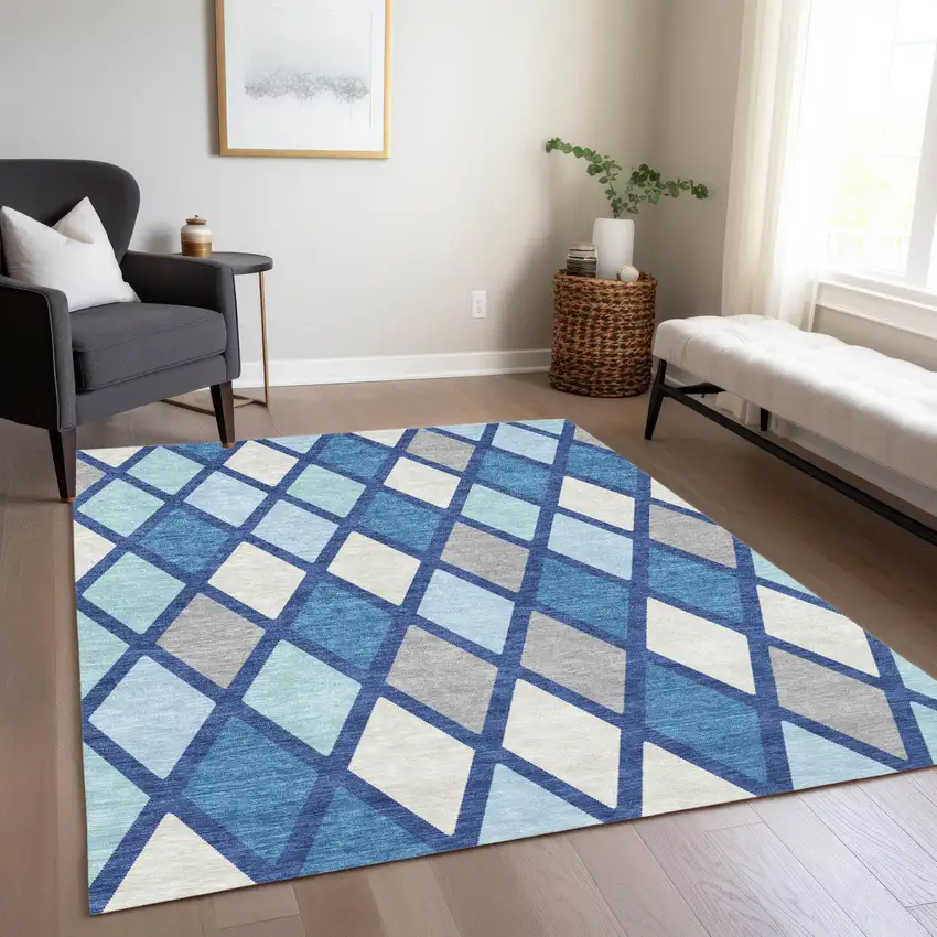 Navy Blue Sky Blue And Ivory Geometric Washable Indoor Outdoor Area Rug Photo 9
