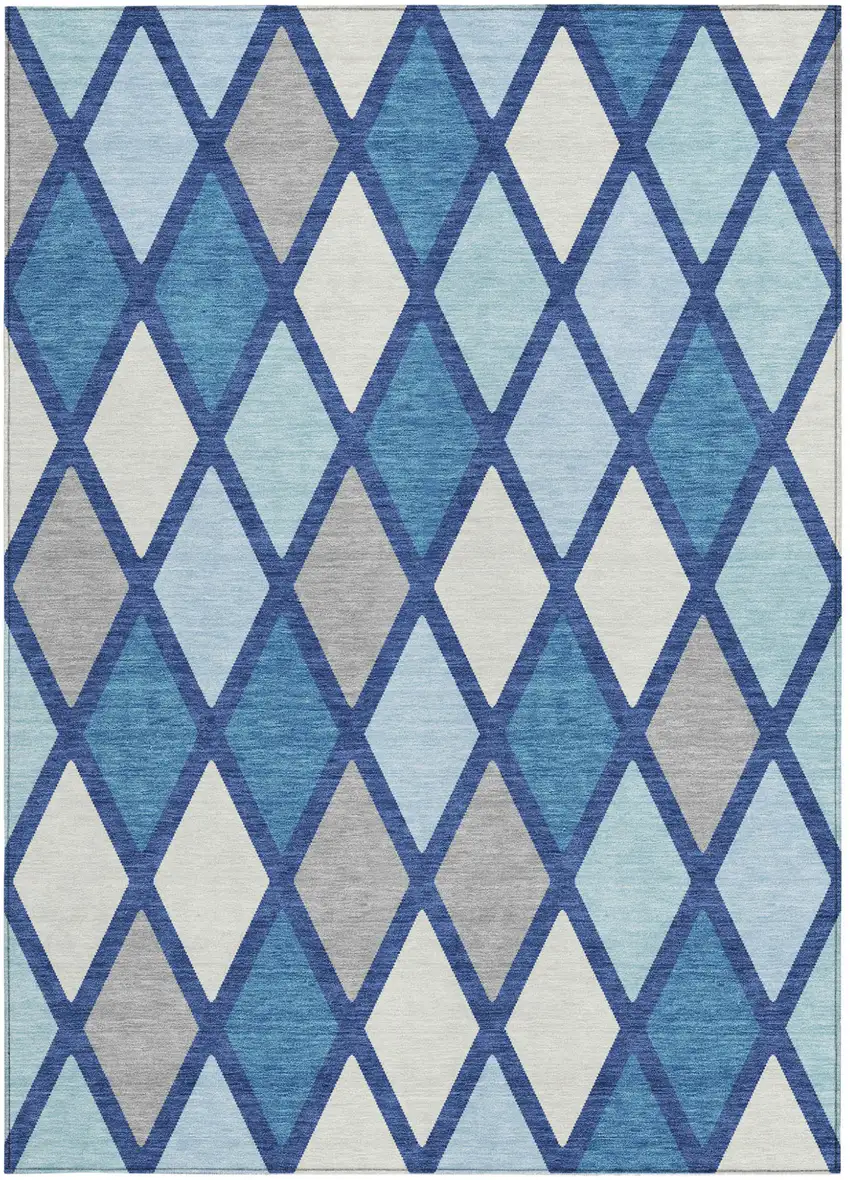 Navy Blue Sky Blue And Ivory Geometric Washable Indoor Outdoor Area Rug Photo 7