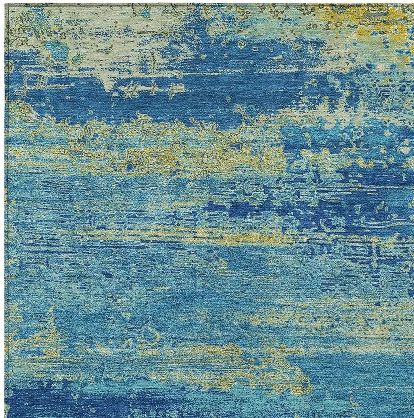 Navy Blue Sky Blue And Olive Green Abstract Washable Indoor Outdoor Area Rug Photo 3