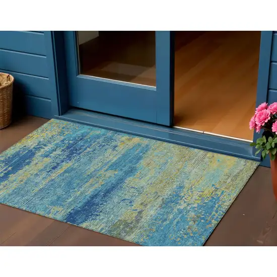 Navy Blue Sky Blue And Olive Green Abstract Washable Indoor Outdoor Area Rug Photo 2