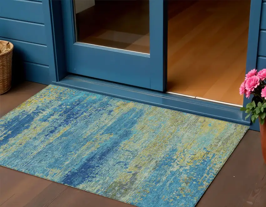 Navy Blue Sky Blue And Olive Green Abstract Washable Indoor Outdoor Area Rug Photo 2